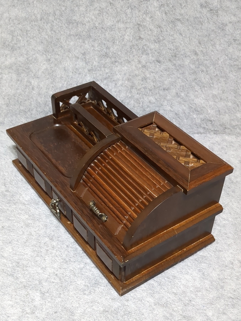 Vintage Wooden Jewelry Box Desk Organizer Roll-Top Velvet Storage Drawer - Picture 4 of 14